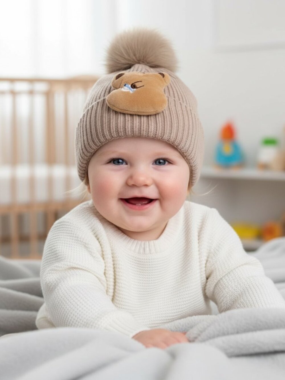 Kids Brown Taupe Ribbed Knit Beanie Plush Capybara Patch & Faux Fur Pom Pom